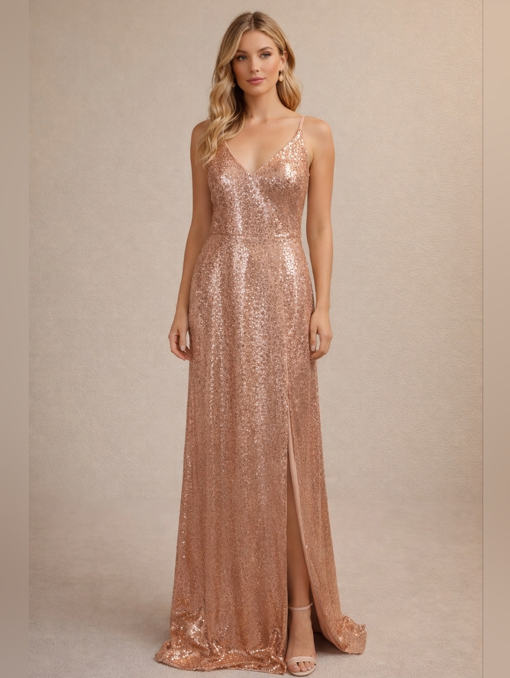 Azazie Rose Gold Sequin V-Neck Prom Gown